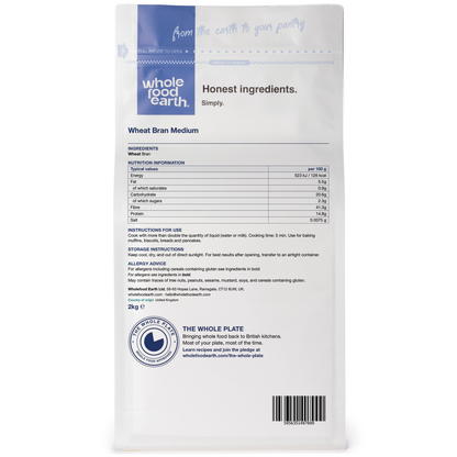 Whole Food Earth Wheat Bran Medium cereal bag, front view showing textured wheat bran product in natural packaging.