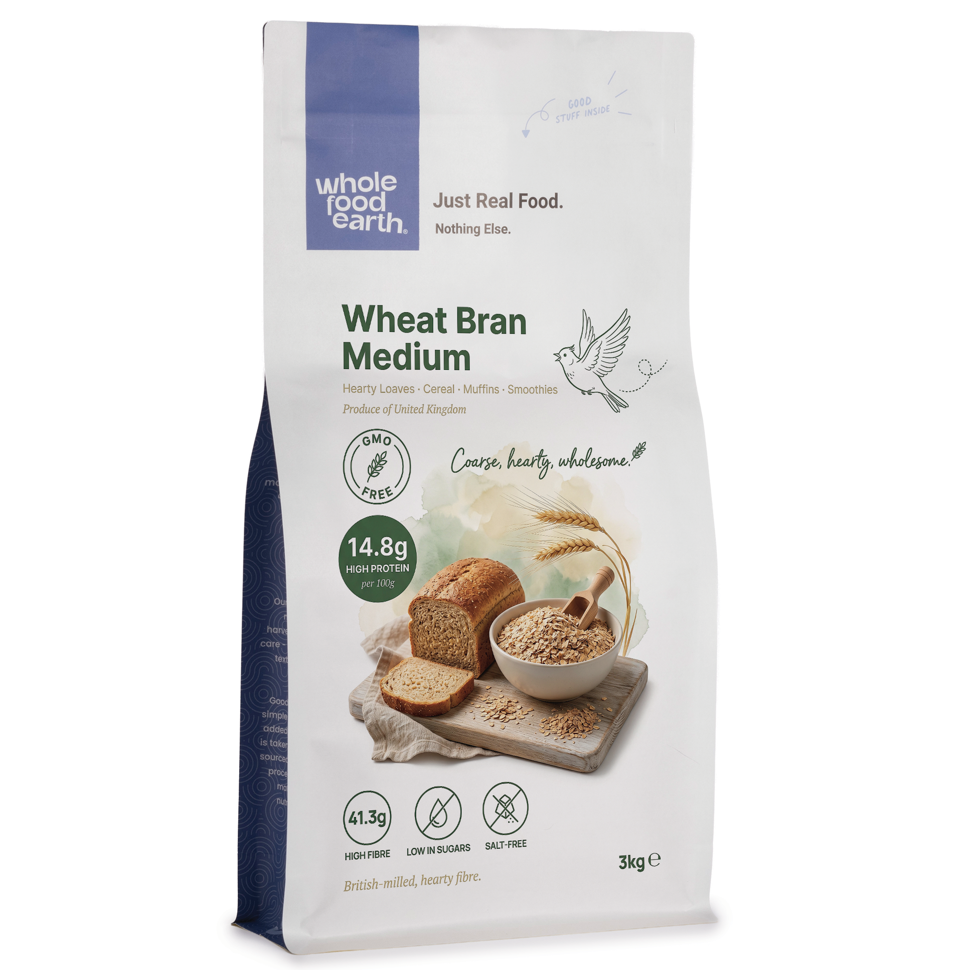 Whole Food Earth wheat bran cereal in a medium package, showing the textured wheat bran grains on the package.
