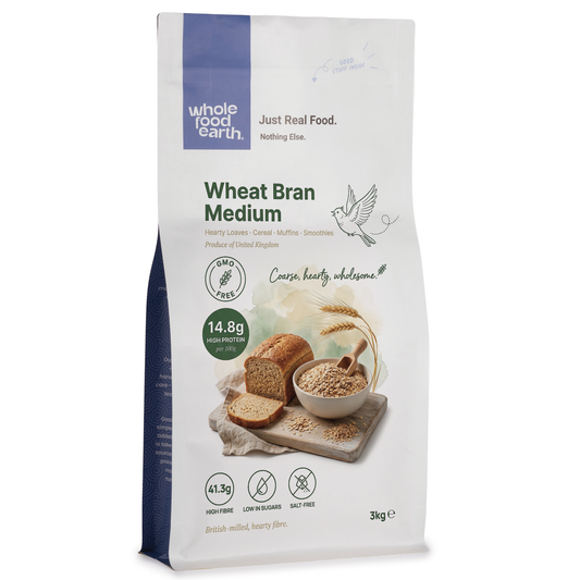 Whole Food Earth wheat bran cereal in a medium package, showing the textured wheat bran grains on the package.