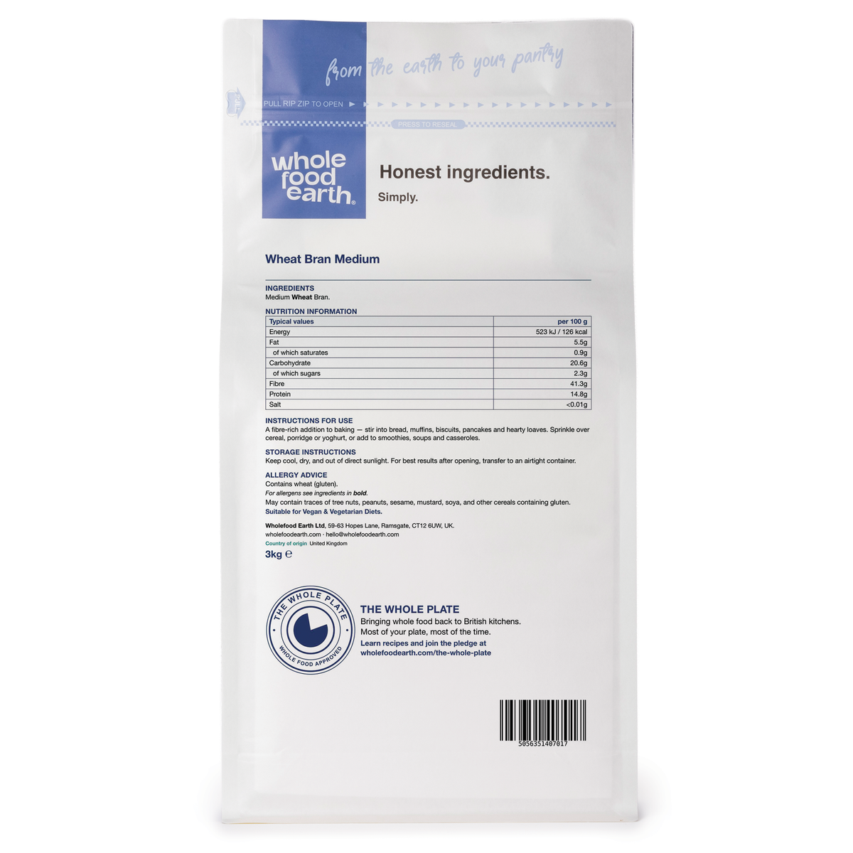 Whole Food Earth Wheat Bran Medium cereal box showing front and back labels with nutritional information.