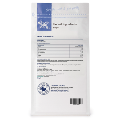 Whole Food Earth Wheat Bran Medium cereal box showing front and back labels with nutritional information.
