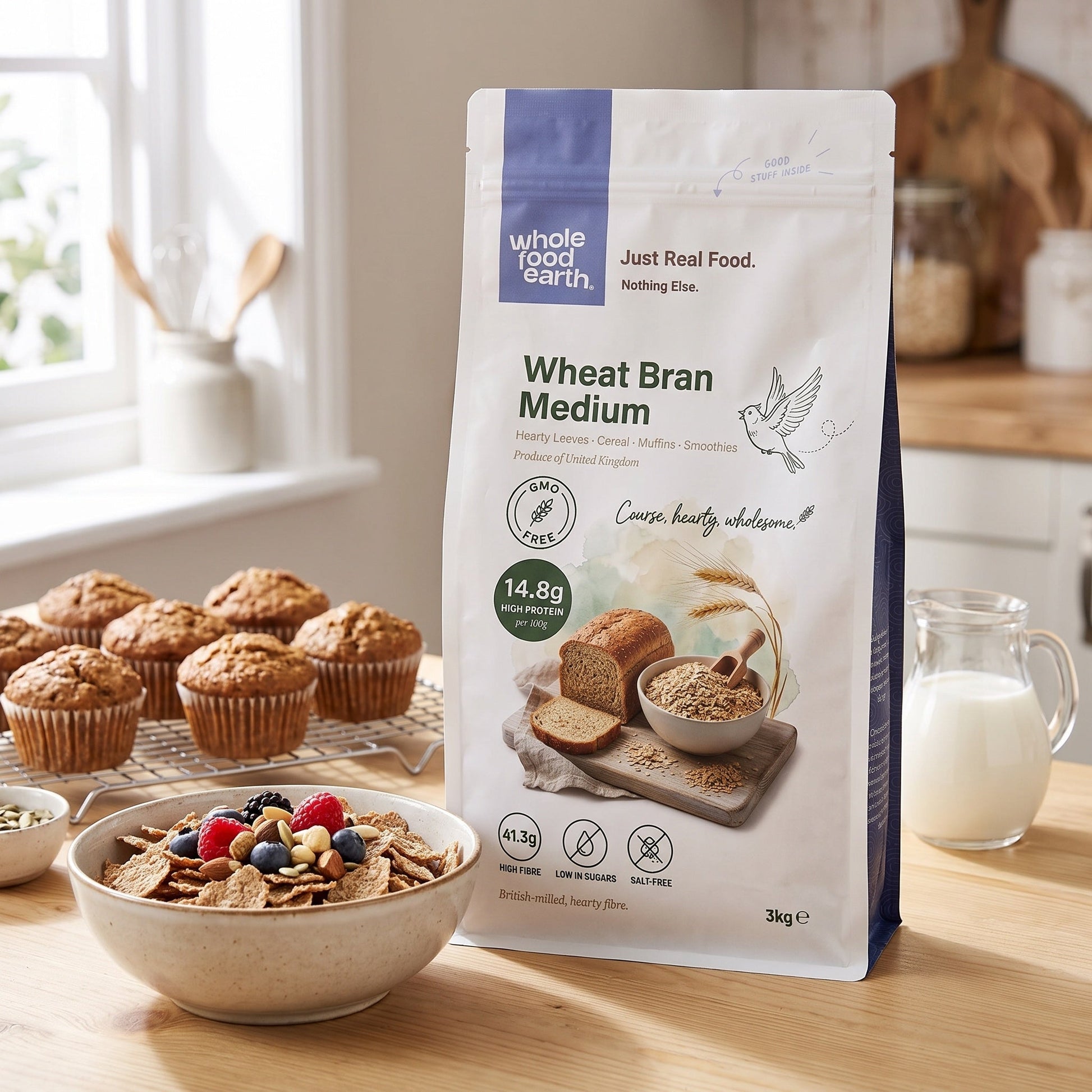 Whole Food Earth wheat bran cereal in a bowl, showcasing the medium-sized wheat bran for breakfast or baking.