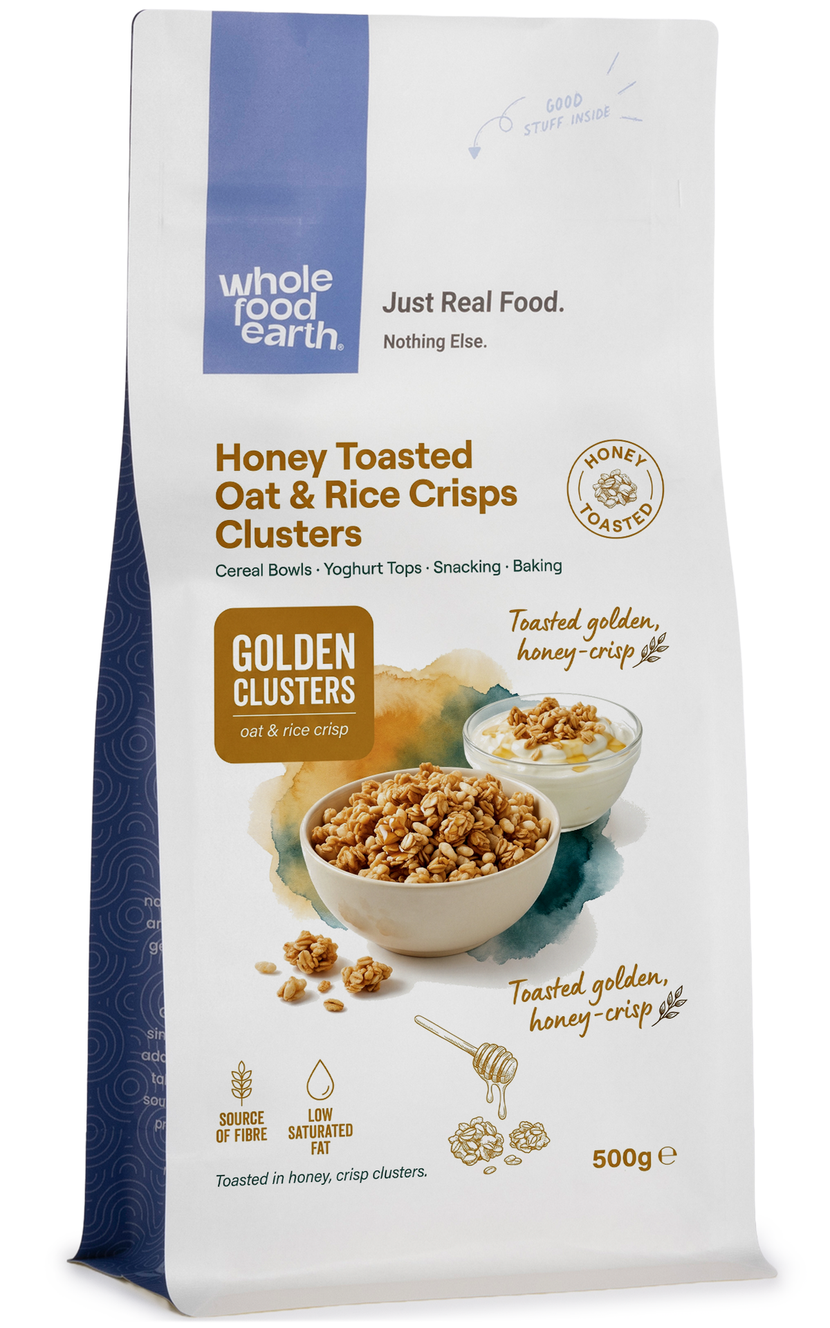 Honey toasted oat and rice crisps clusters from Whole Food Earth, mixed with nuts and seeds in a crunchy snack.