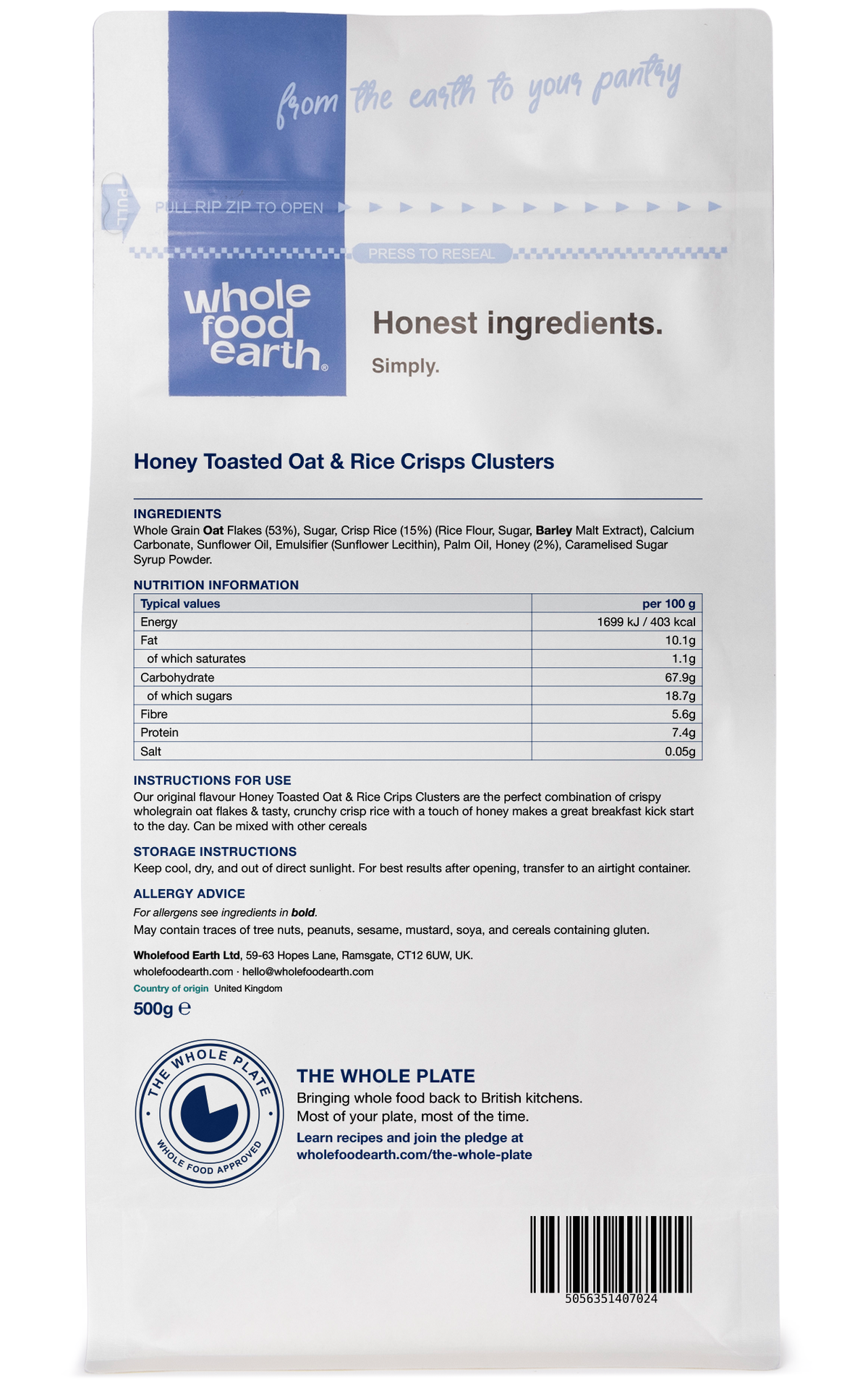 Back view of Whole Food Earth Honey Toasted Oat and Rice Crisps Clusters, nuts and seeds snack packaging.