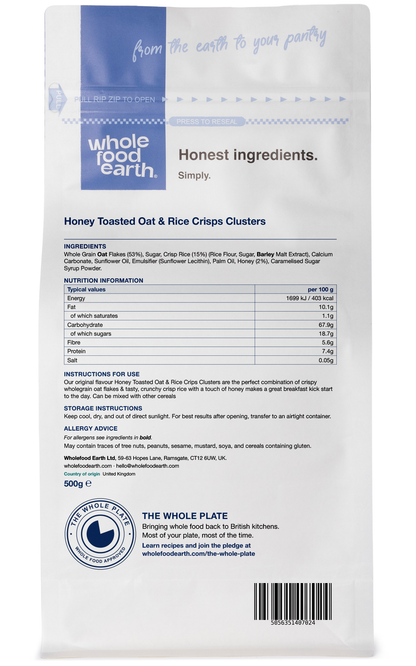 Back view of Whole Food Earth Honey Toasted Oat and Rice Crisps Clusters, nuts and seeds snack packaging.