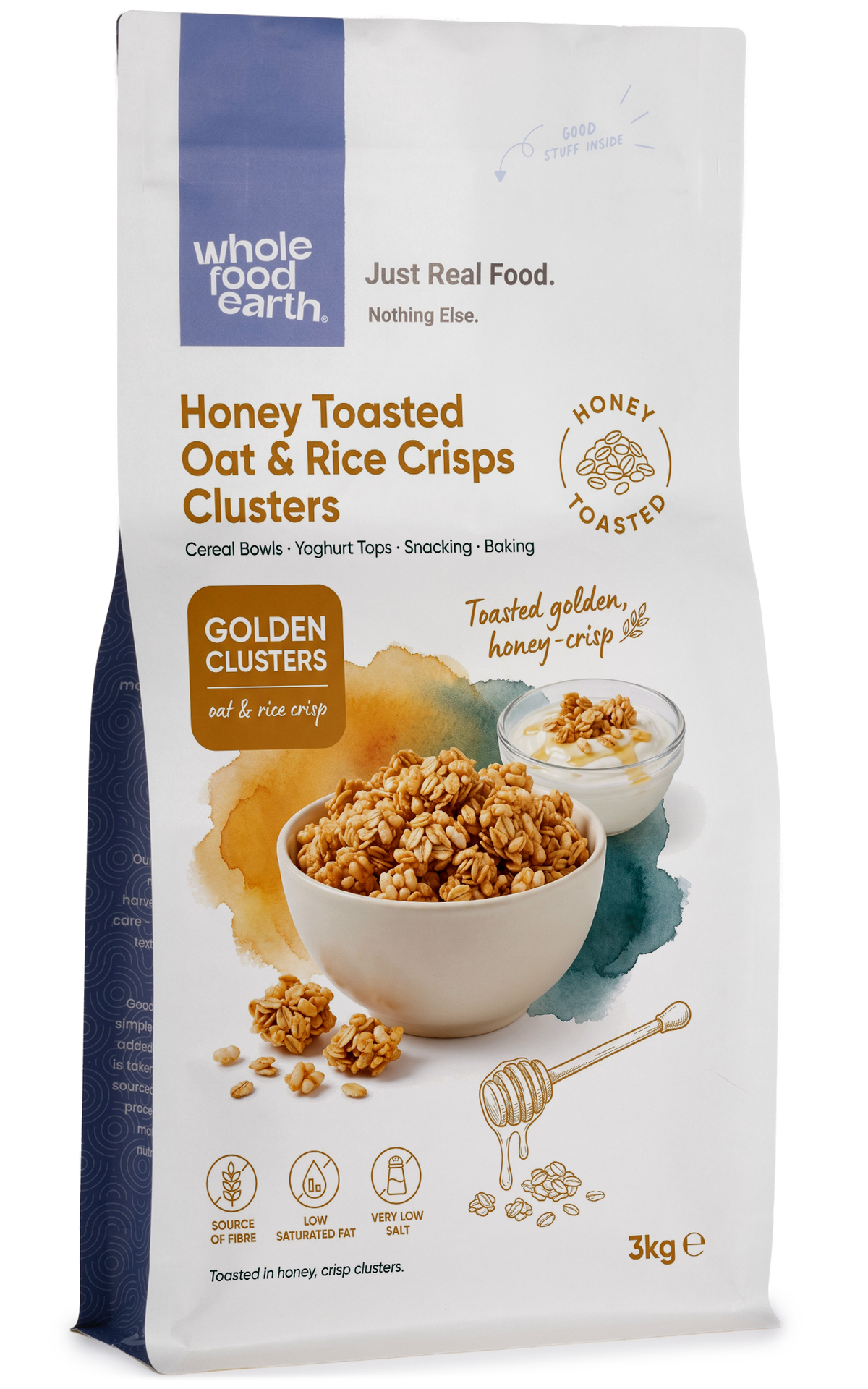 Whole Food Earth Honey Toasted Oat and Rice Crisps Clusters, nuts and seeds snack, close-up of crunchy textured clusters.