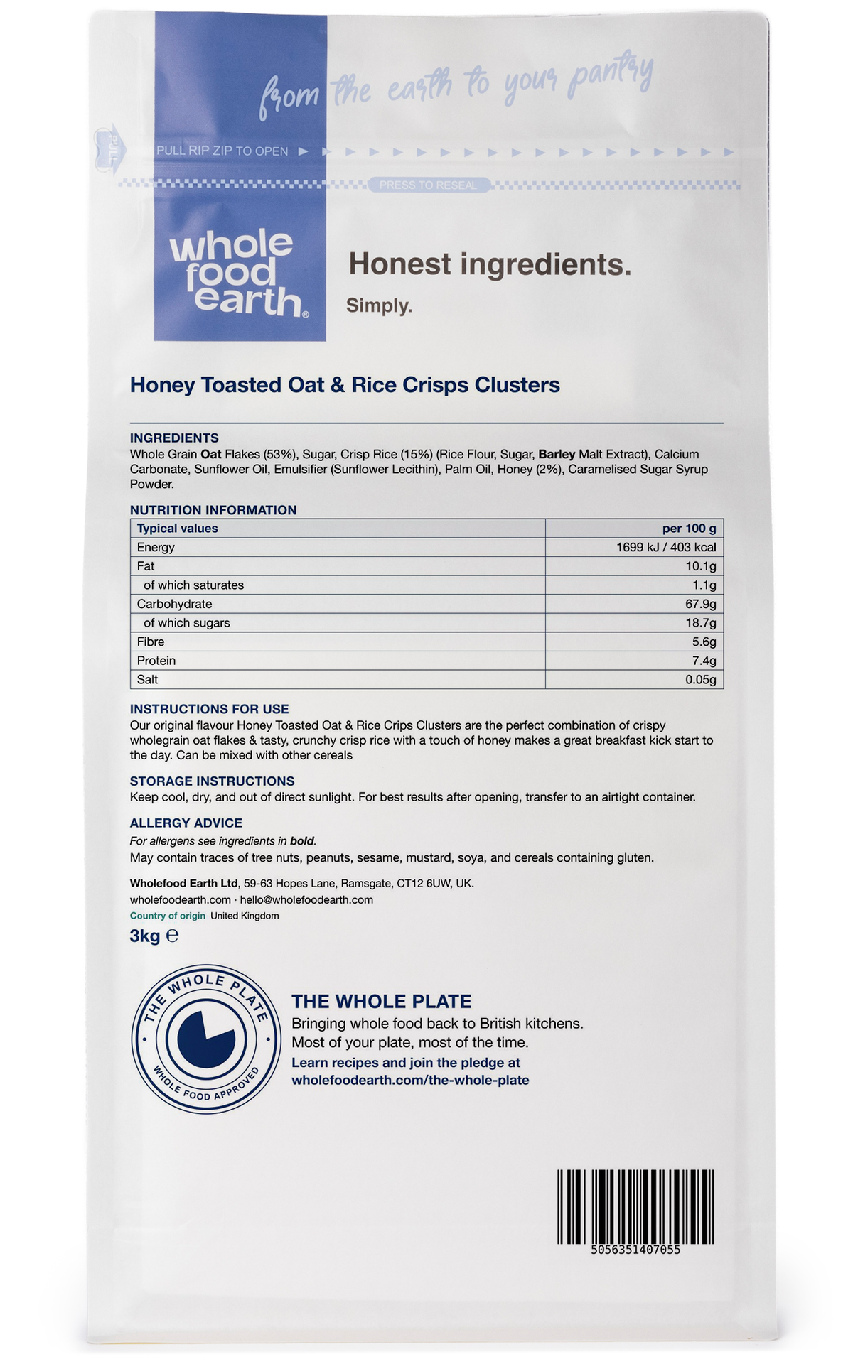 Whole Food Earth Honey Toasted Oat and Rice Crisps Clusters in a nuts and seeds mix, shown from the back view with a crispy texture.