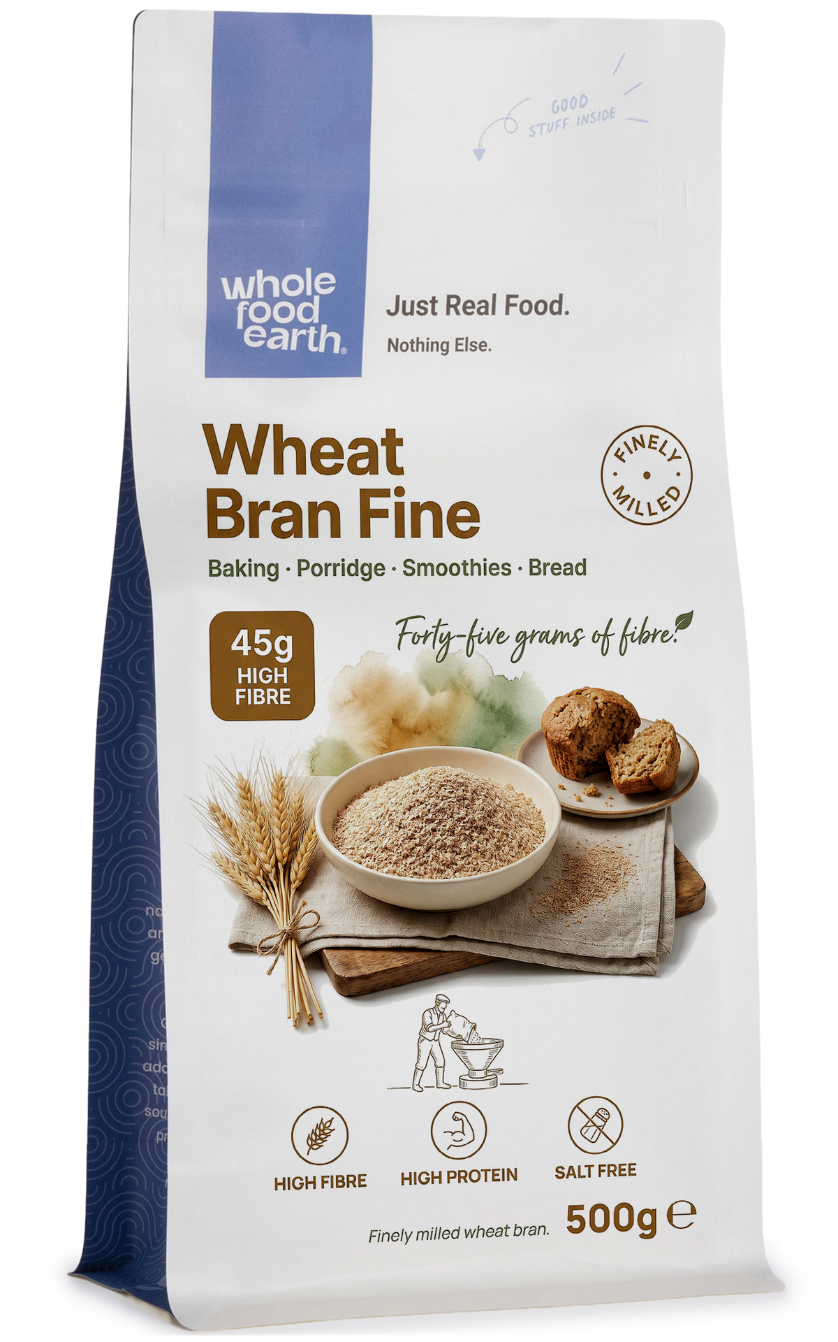 Fine wheat bran cereal from Whole Food Earth, showing a close-up of the light, textured wheat bran in a clear bowl.