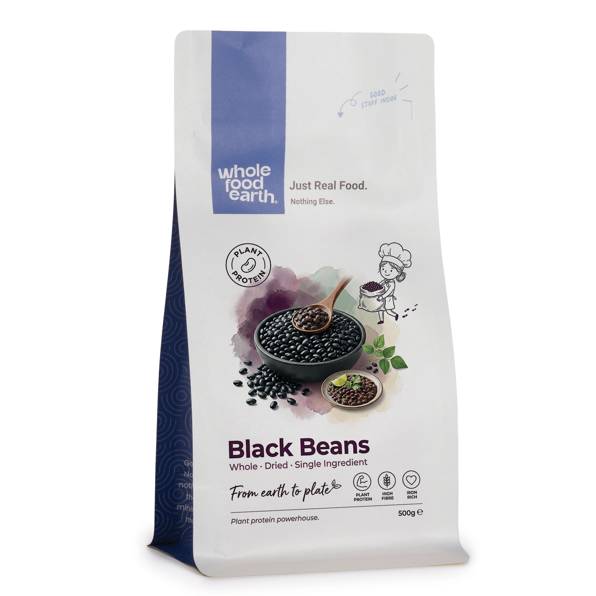 Whole Food Earth black beans, dried beans and pulses in a close-up image showing their smooth black surface and plump shape.