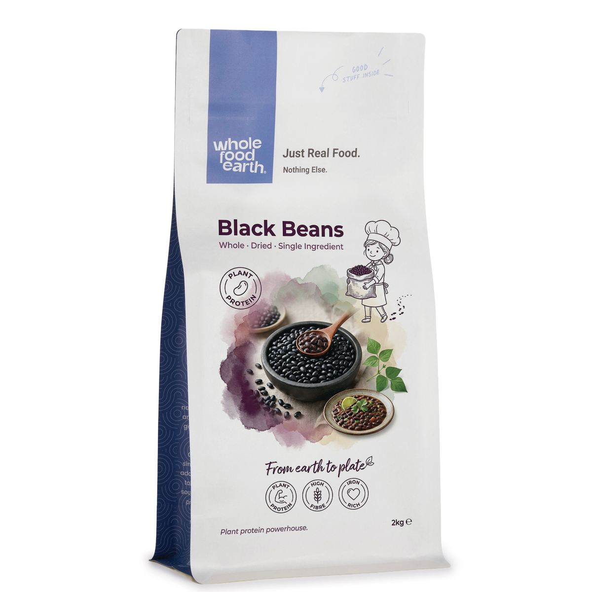 Whole Food Earth black beans in a bowl, showing shiny, cooked beans from the beans and pulses product line.