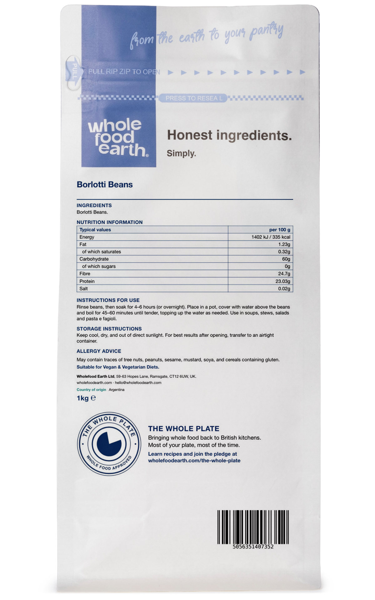 Back view of Whole Food Earth Borlotti Beans, a type of beans and pulses with reddish-brown speckled appearance.