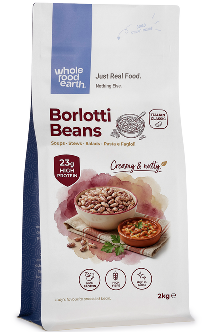 Whole Food Earth Borlotti Beans in a bowl, fresh and vibrant, part of their beans and pulses collection.