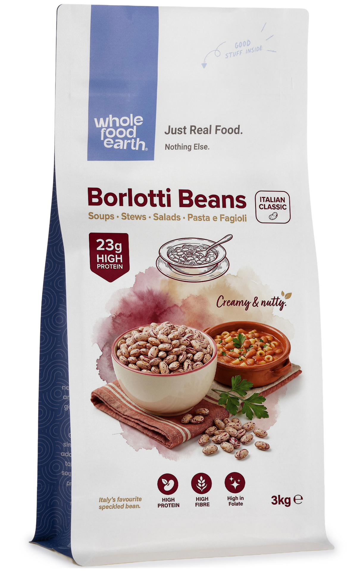 Whole Food Earth Borlotti Beans in a bowl, showing their reddish-brown color and smooth, oval shape, for beans and pulses.