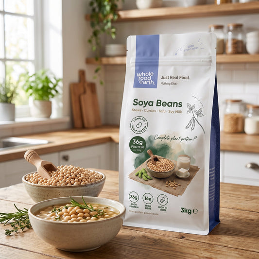 Whole Food Earth soy beans, organic beans and pulses in a natural setting, showcasing fresh, raw soy beans for cooking and health.