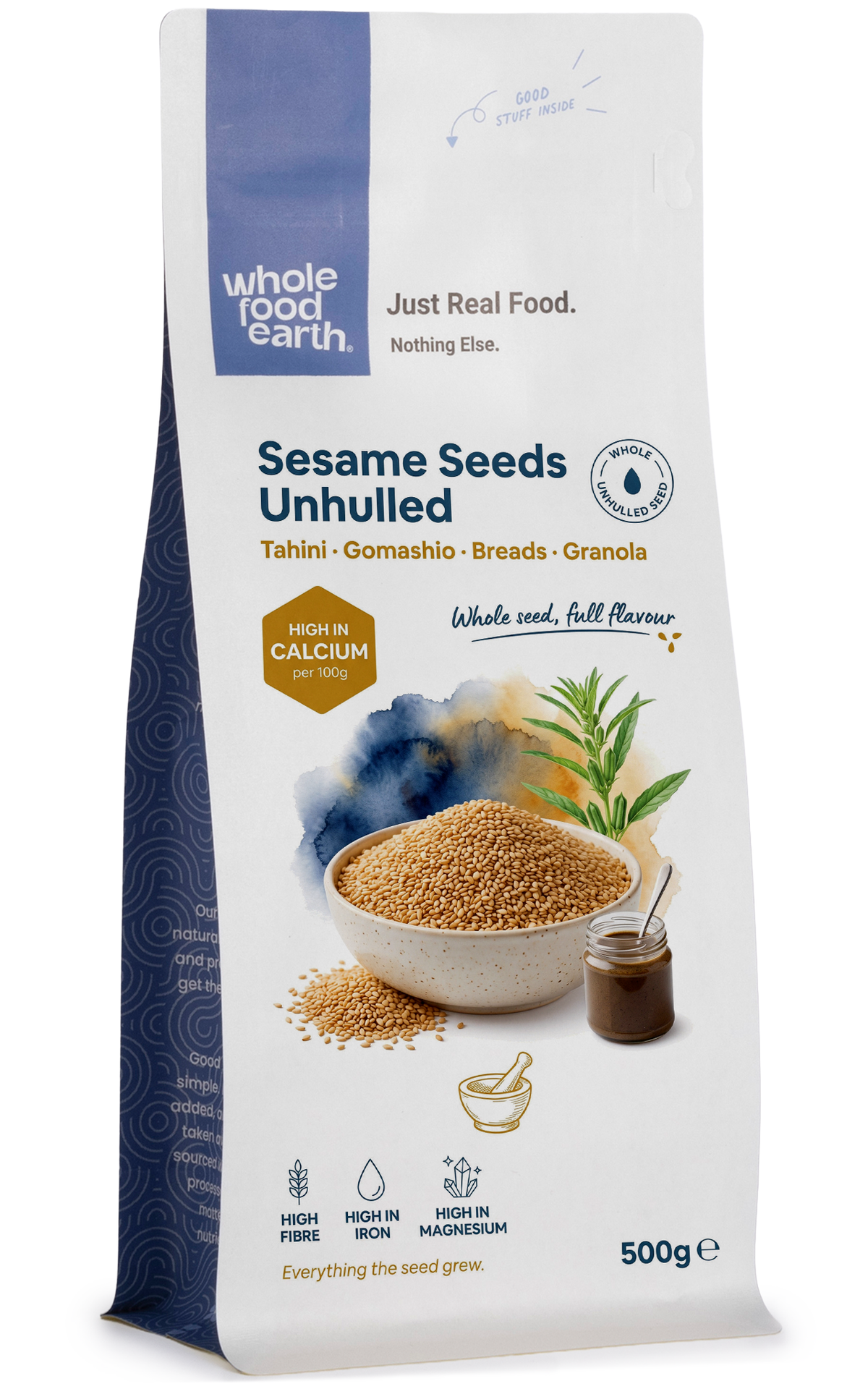 Unhulled sesame seeds in a bowl, showing small beige seeds with a smooth outer shell, from Whole Food Earth Nuts & Seeds.