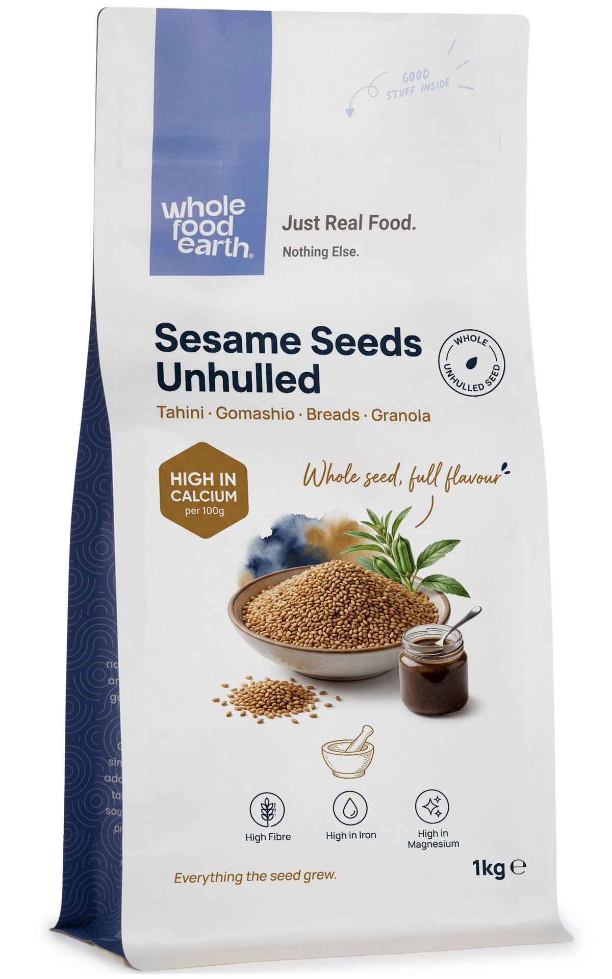 Unhulled sesame seeds in a bowl, Whole Food Earth nuts and seeds product, with seeds spilling on a wooden surface.