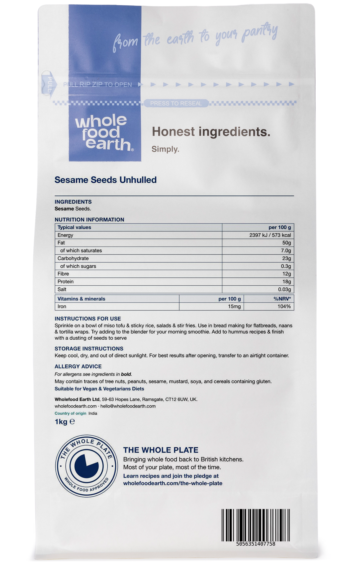 Whole Food Earth unhulled sesame seeds in a clear container, showcasing their small, cream-colored seeds for baking and snacking.