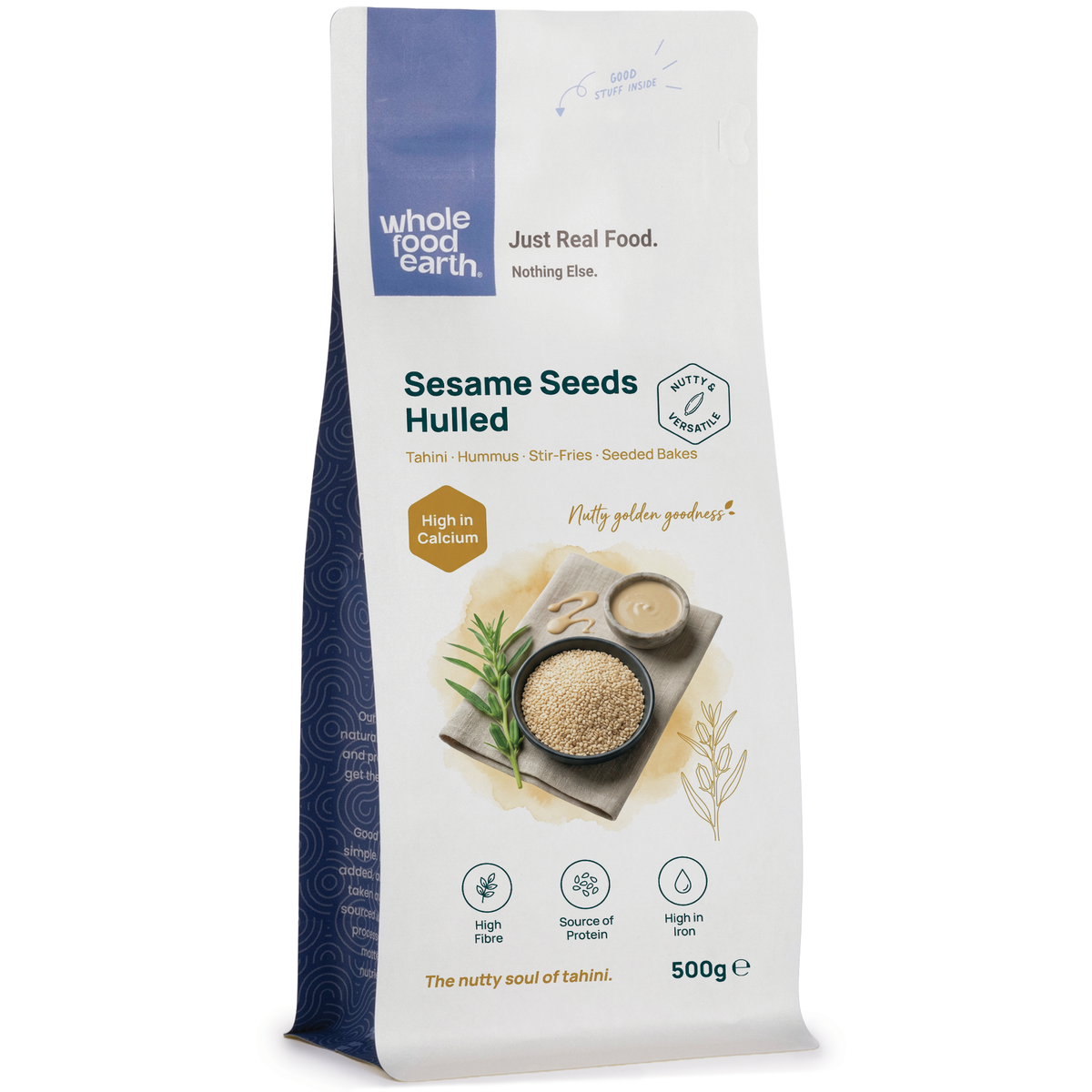 Hulled sesame seeds from Whole Food Earth, showing small off-white seeds in a glass bowl on a white background.
