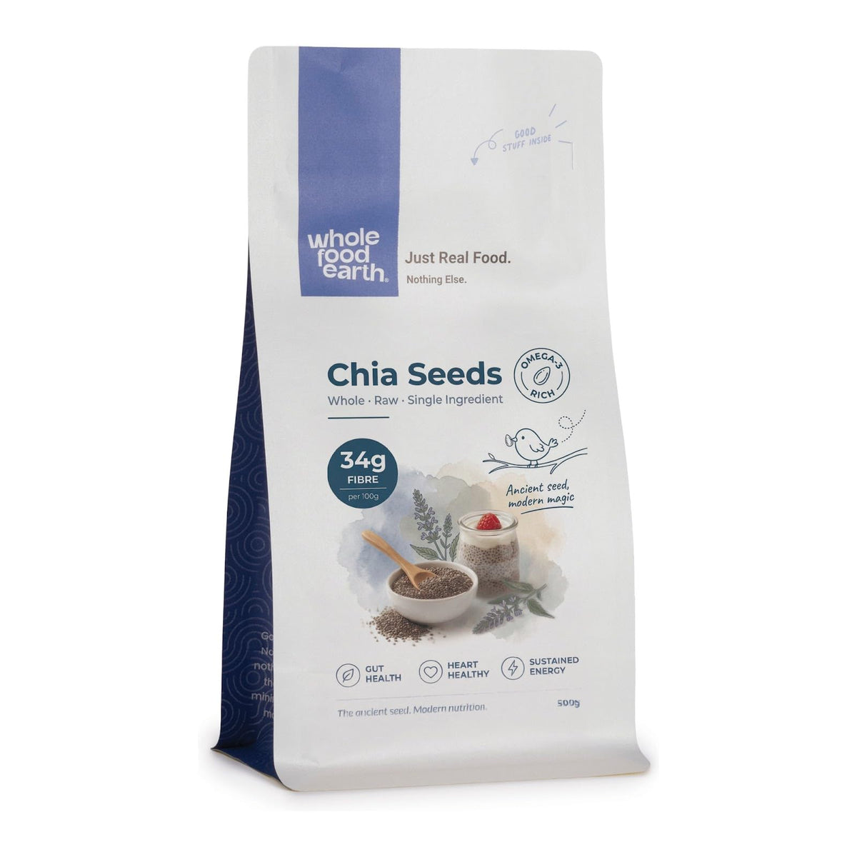 Whole Food Earth chia seeds in a clear container, showing small oval-shaped, dark-colored seeds used as a nutritious superfood.