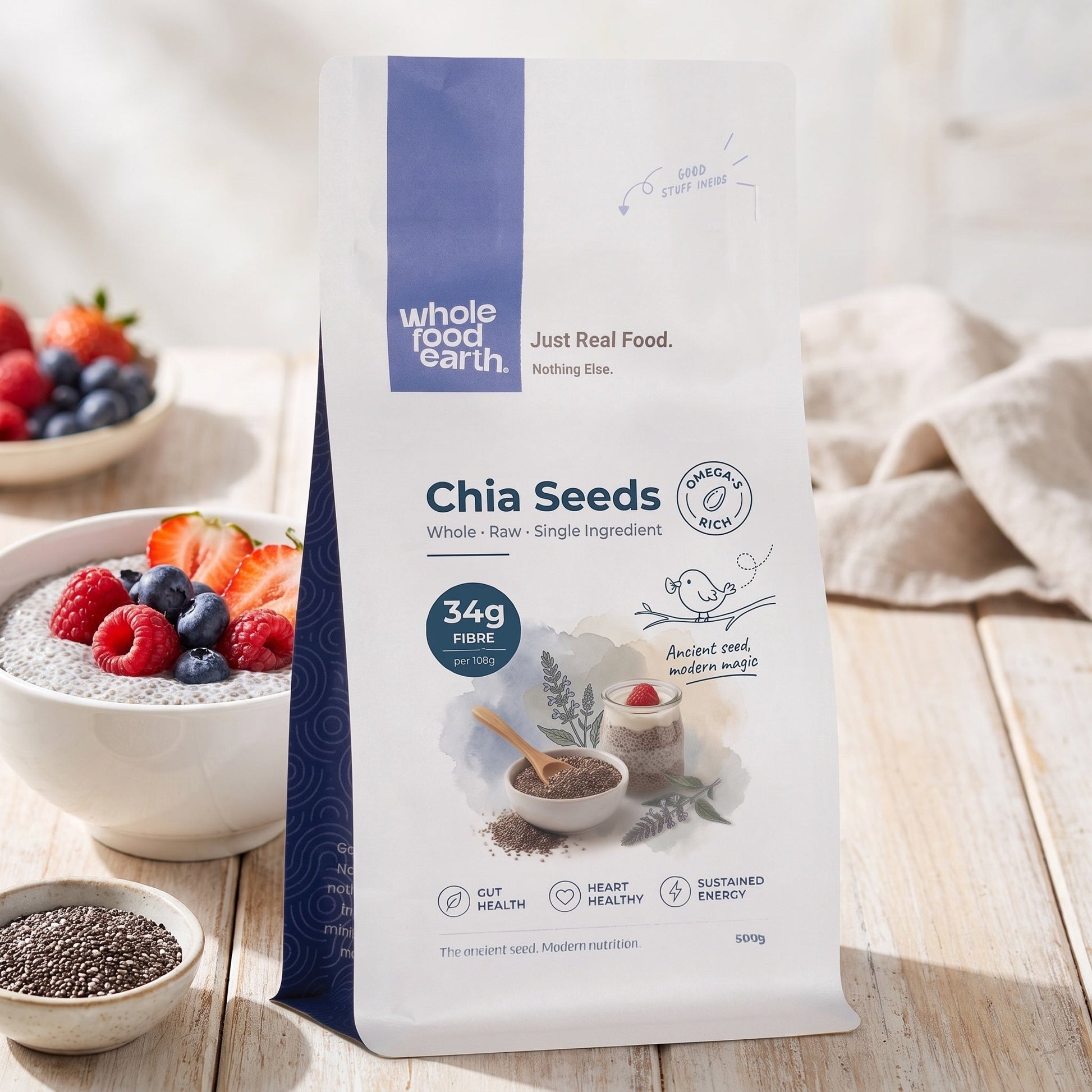 Whole Food Earth chia seeds in a clear jar, showcasing small, oval-shaped, dark seeds used as a nutritious superfood supplement.