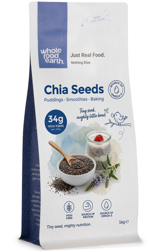 Whole Food Earth chia seeds in a clear jar, showing small, oval-shaped seeds perfect for smoothies and healthy recipes.