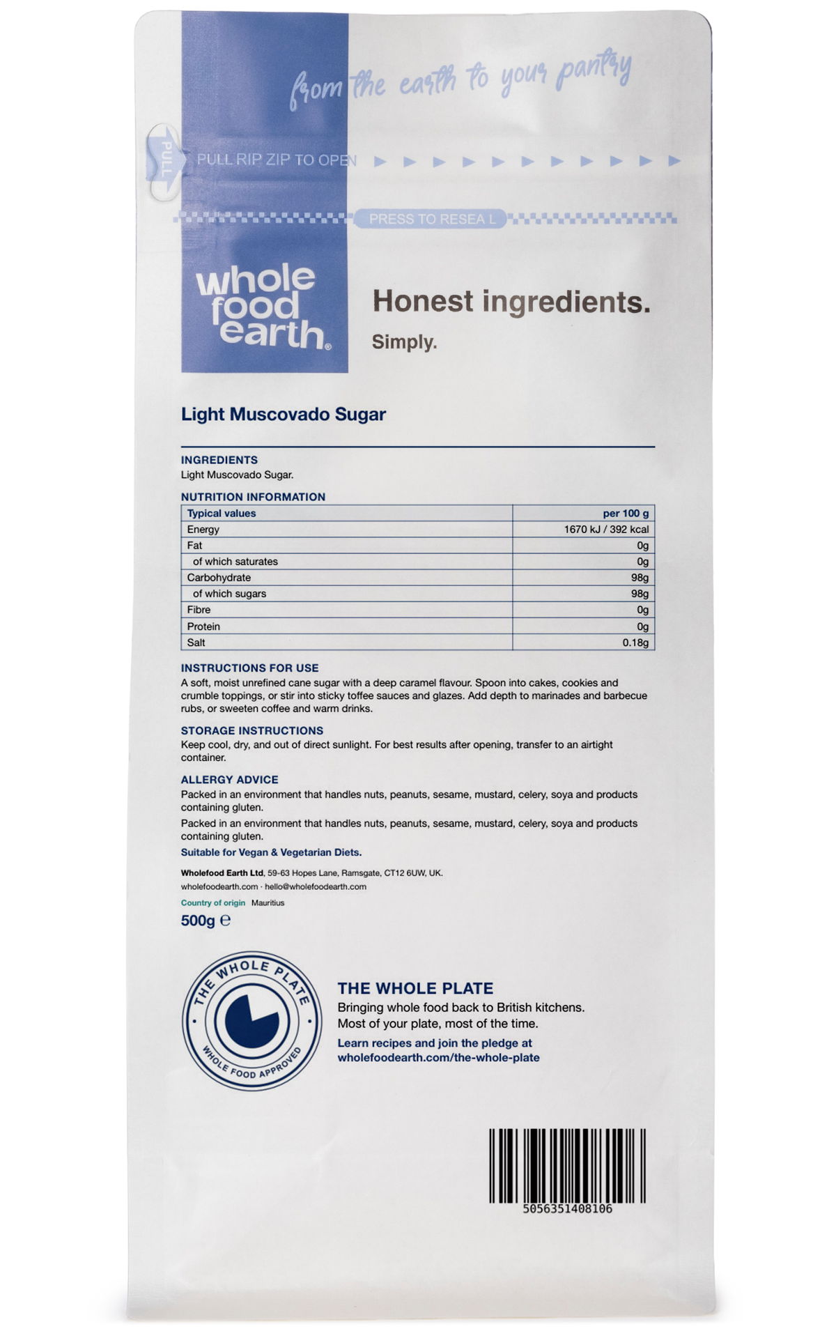 Back view of Whole Food Earth Light Muscovado Sugar package, showing the sugar product in a clear, natural setting.