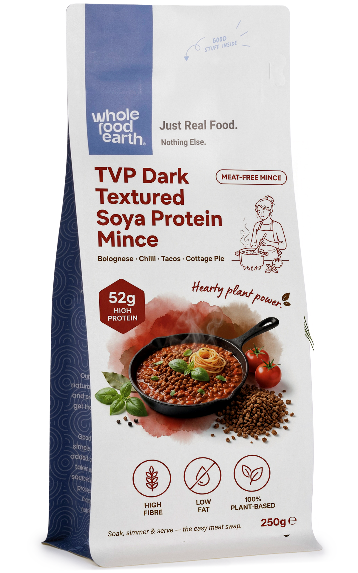 Dark textured soya protein mince from Whole Food Earth, showing a close-up of the soy-based plant protein in a textured form.
