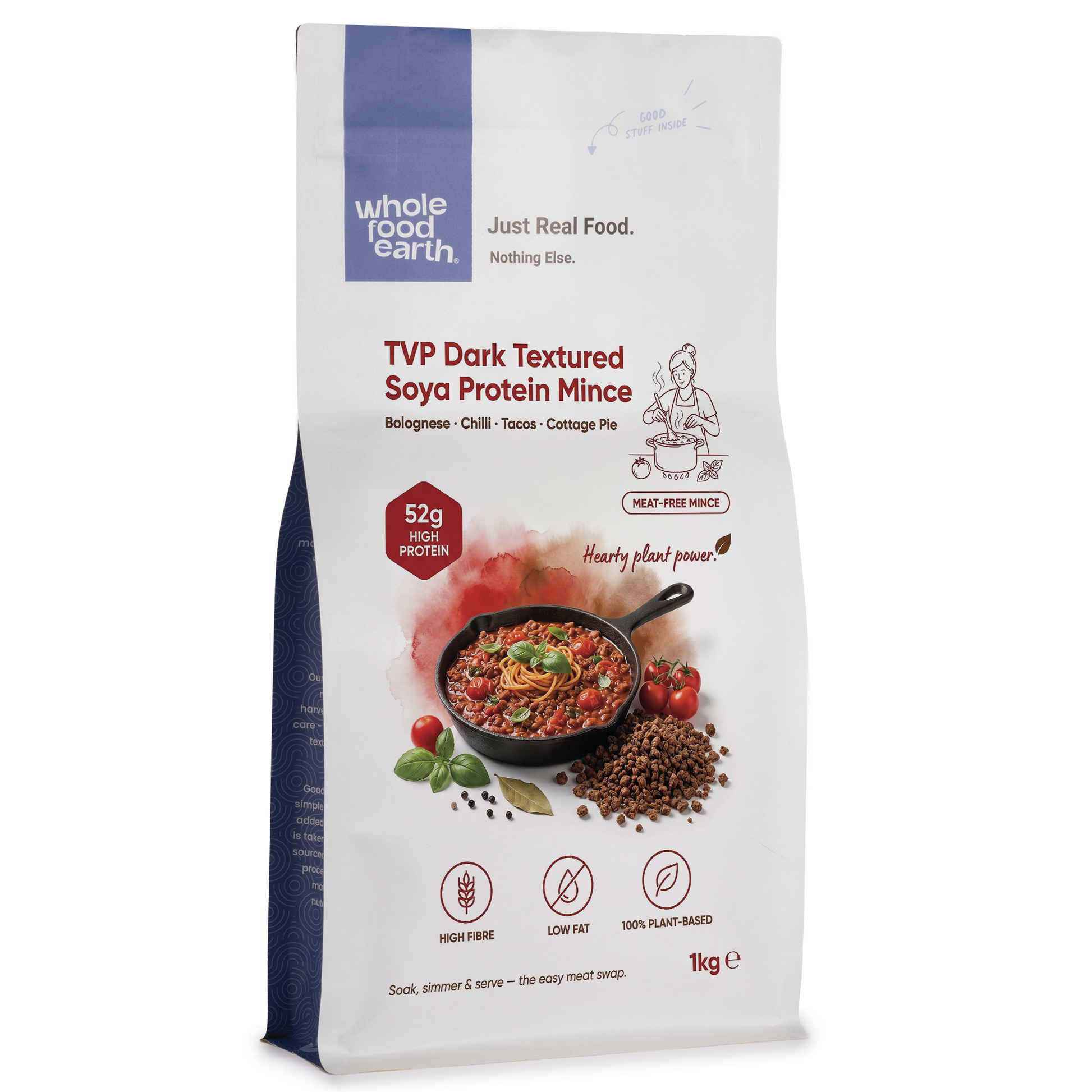 Dark textured soya protein mince from Whole Food Earth, a versatile beans and pulses product, shown in a close-up image.