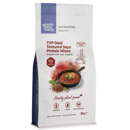 Dark textured soya protein mince from Whole Food Earth, showing a close-up of the soy-based plant protein in a textured, dark appearance.