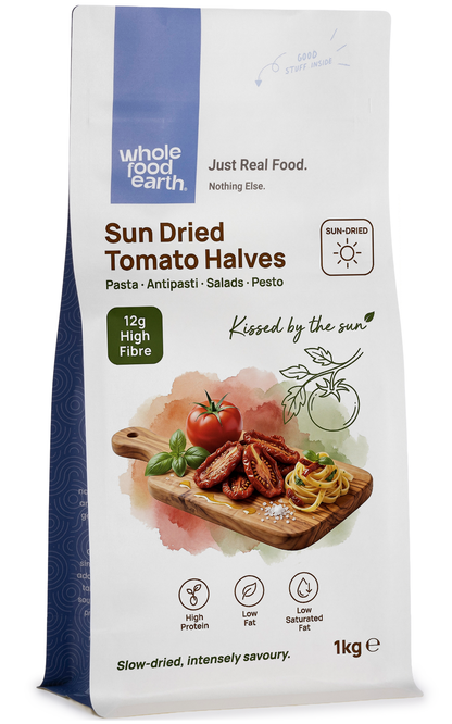 Dried sun-dried tomato halves from Whole Food Earth, preserved for flavor and versatility in cooking and snacking.
