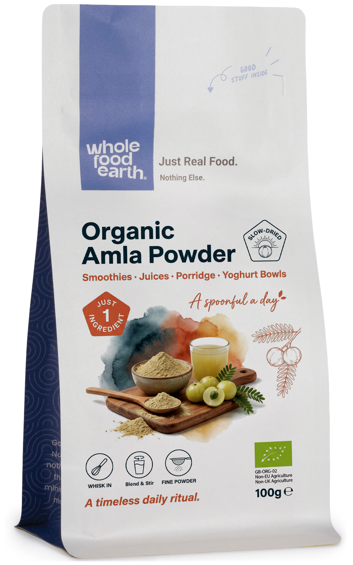 Organic Amla powder from Whole Food Earth, a vibrant green herbal spice in a clear jar, showcasing its fine, powdered texture.
