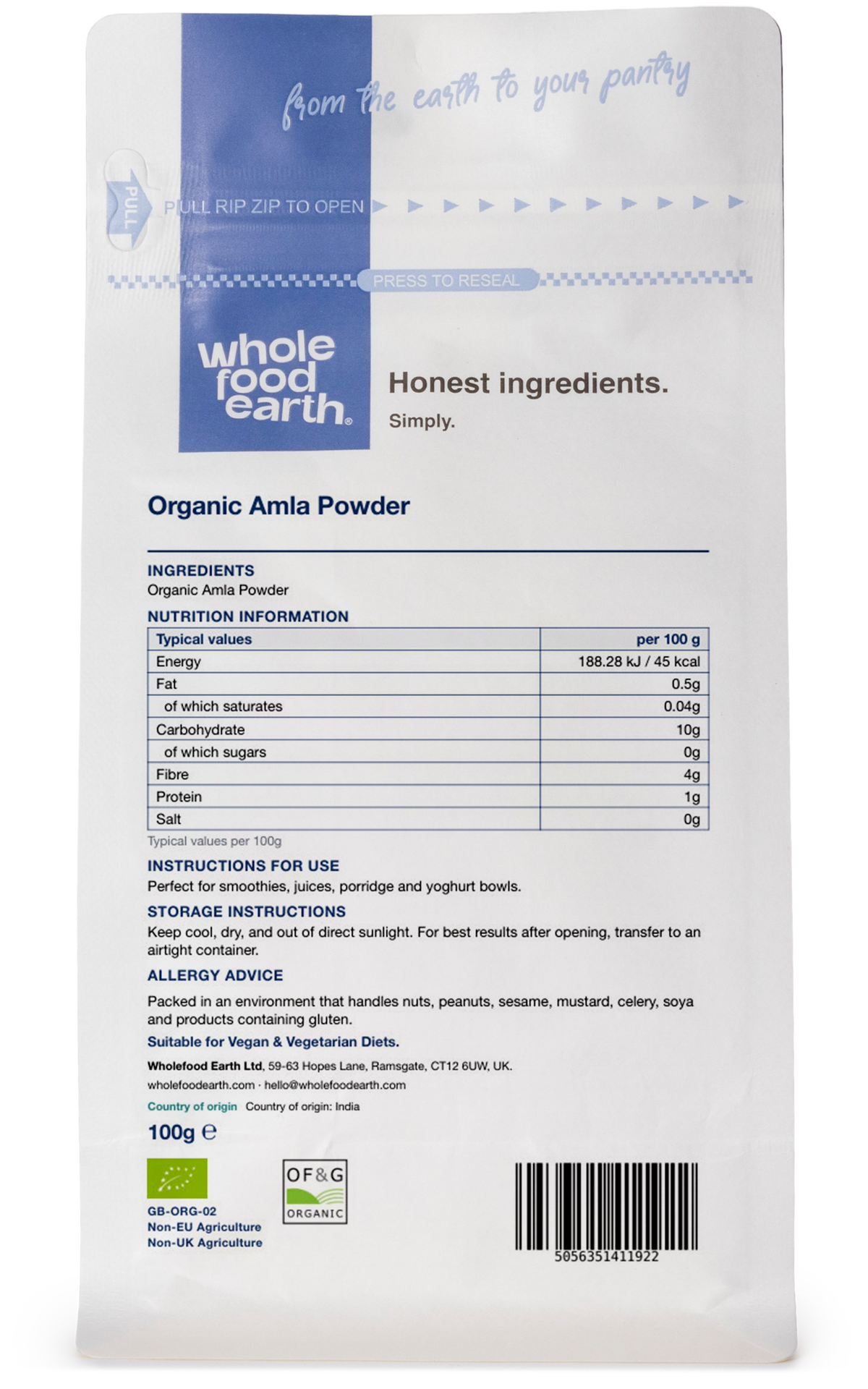 Organic Amla Powder from Whole Food Earth, in a resealable bag, showing vibrant green herbal powder for natural health.