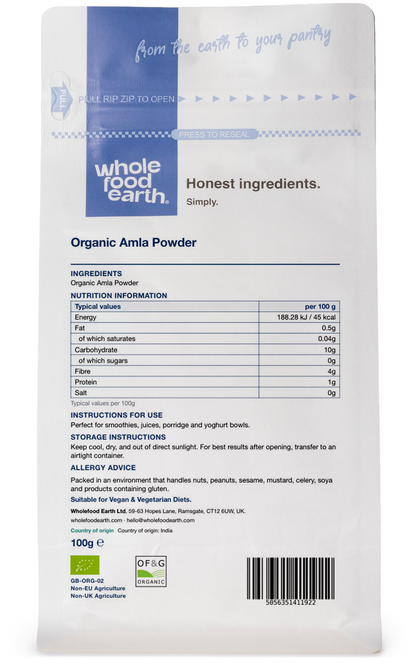 Organic Amla Powder from Whole Food Earth, in a resealable bag, showing vibrant green herbal powder for natural health.