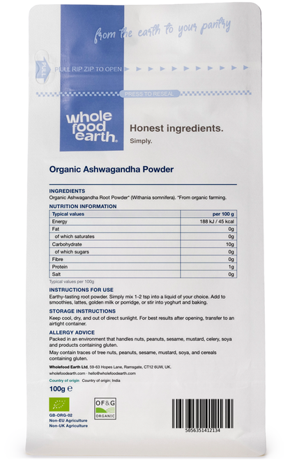 Organic Ashwagandha powder from Whole Food Earth, displayed in a clear container with a natural background, highlighting the herbal spice.