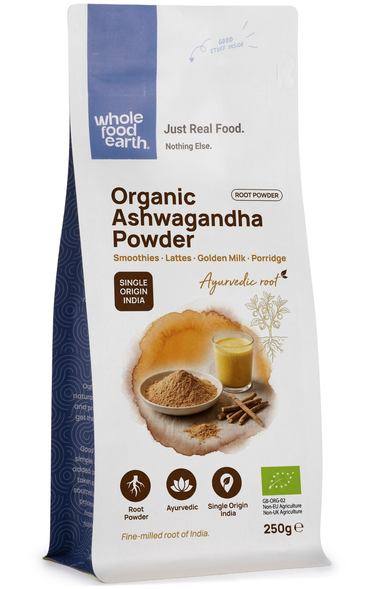 Organic Ashwagandha powder from Whole Food Earth, showing a close-up of the fine, earthy brown herbal spice in a jar.