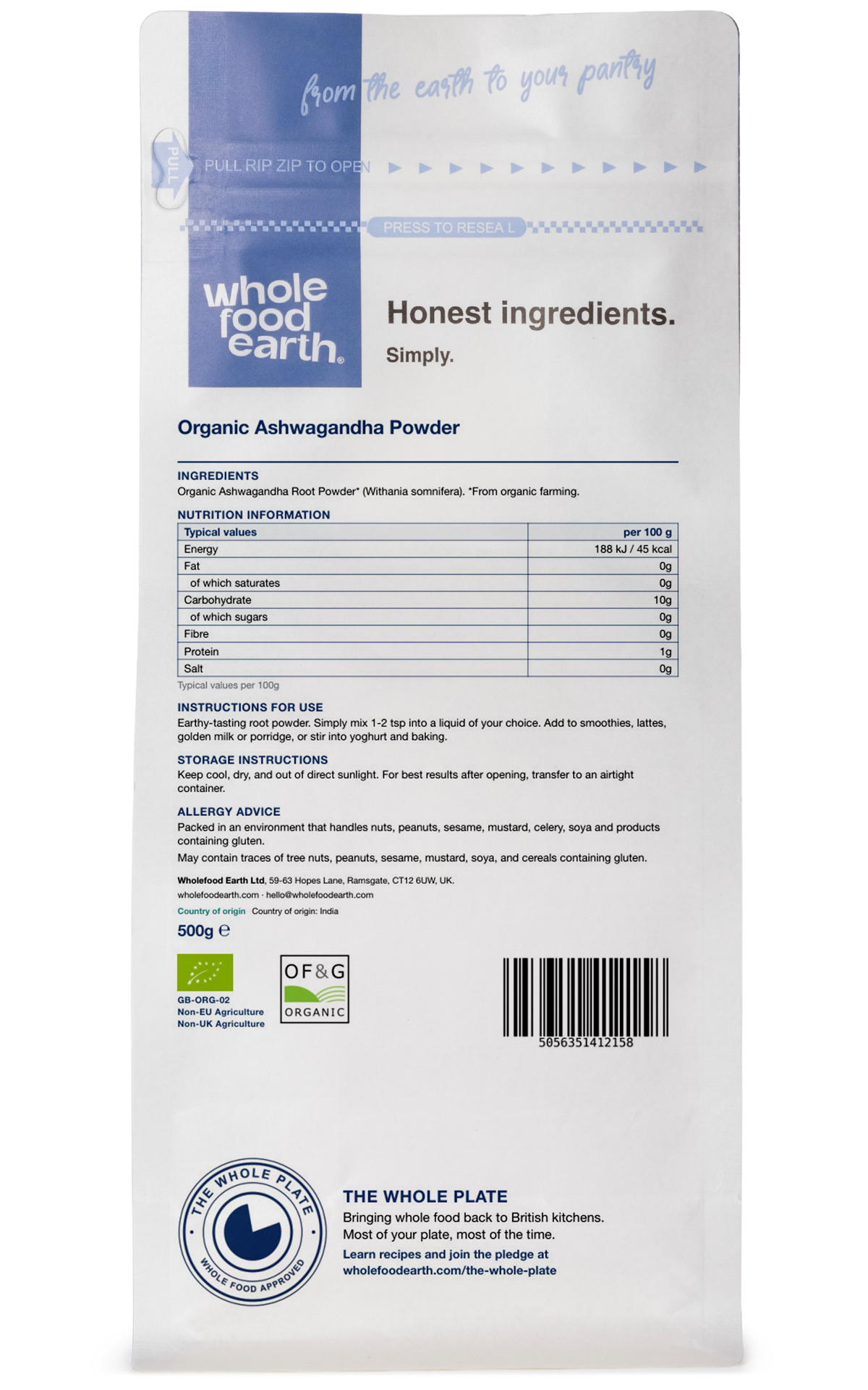 Organic Ashwagandha powder from Whole Food Earth, herbal spice in a clear container, showcasing the earthy, fine powder inside.