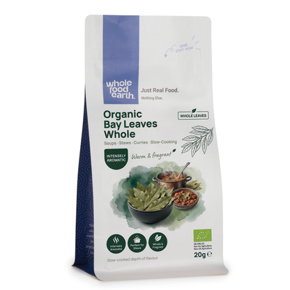 Whole Food Earth organic bay leaves, whole herbs and spices, fresh green leaves for cooking and seasoning.