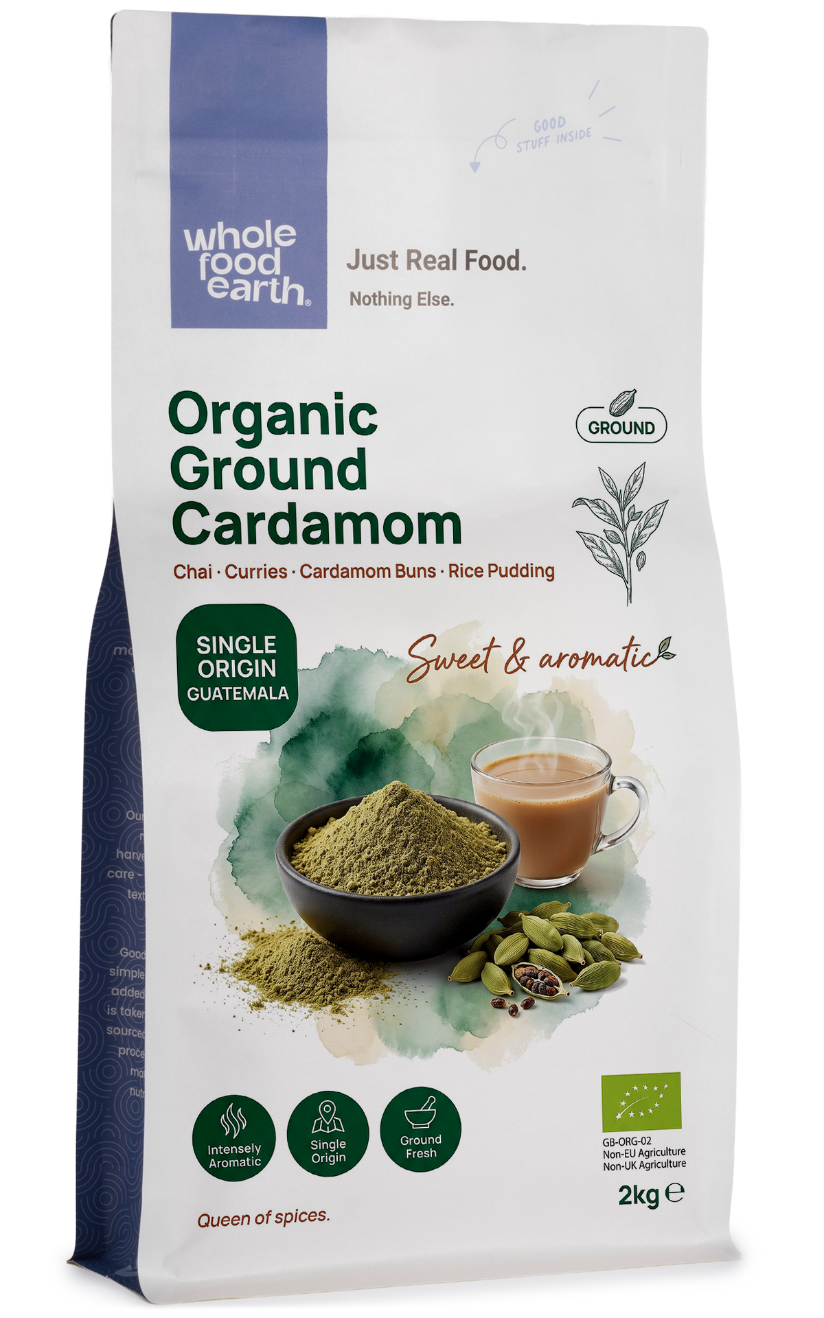 Organic ground cardamom spice from Whole Food Earth, showcasing finely ground greenish-brown herb in a clear container.