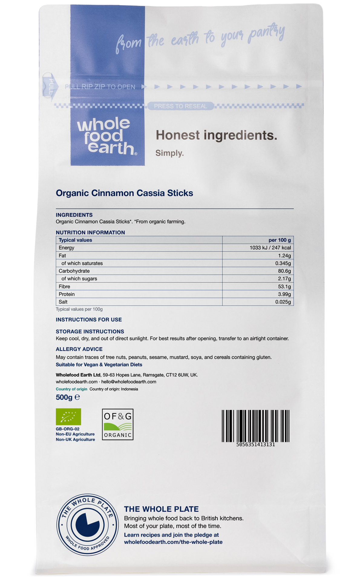 Back view of Whole Food Earth Organic Cinnamon Cassia Sticks, a natural herb and spice with warm brown bark for culinary use.