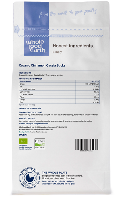 Back view of Whole Food Earth Organic Cinnamon Cassia Sticks, a natural herb and spice with warm brown bark for culinary use.