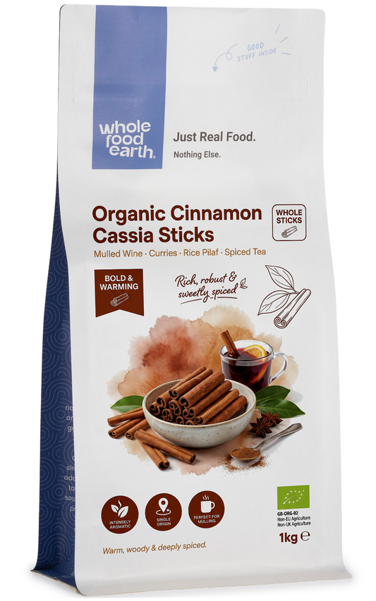 Organic cinnamon cassia sticks from Whole Food Earth, showcasing whole, aromatic cinnamon sticks on a natural background.