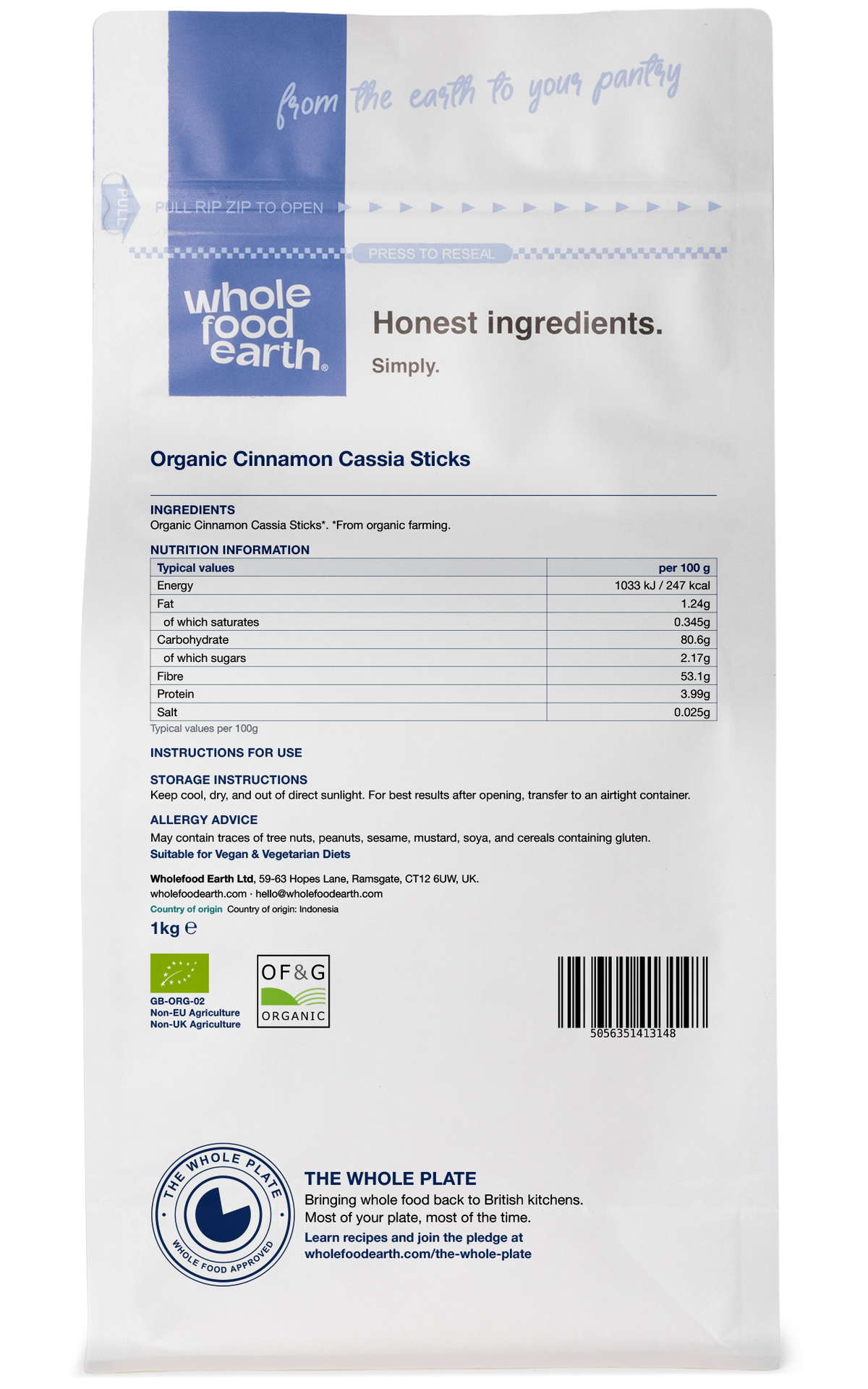 Organic cinnamon cassia sticks from Whole Food Earth, showing whole aromatic cinnamon sticks in a natural herb and spice setting.