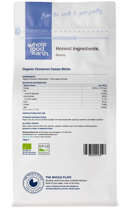 Organic cinnamon cassia sticks from Whole Food Earth, showing whole aromatic cinnamon sticks in a natural herb and spice setting.