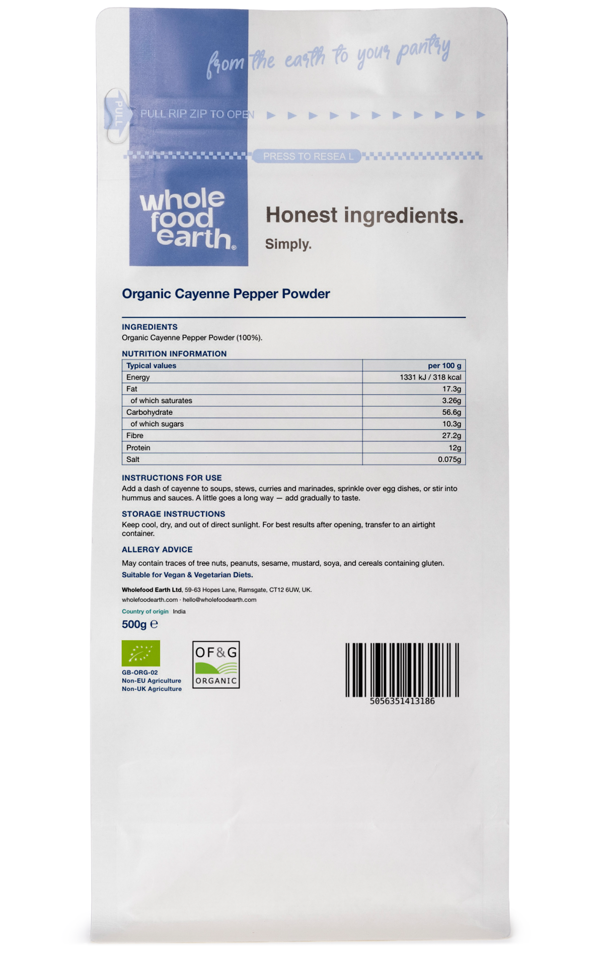 Organic Cayenne Pepper Powder from Whole Food Earth, showing the spice in a jar with red chili powder inside.