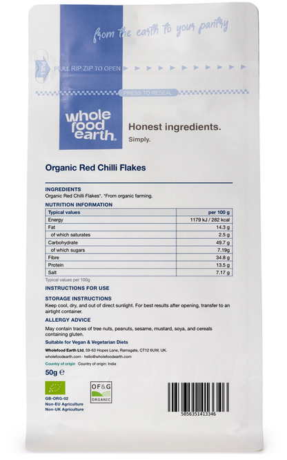 Organic red chili flakes from Whole Food Earth, dried spicy herbs and spices for cooking, shown in a 3D back view image.