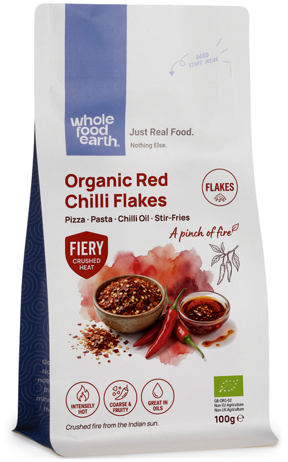 Organic red chilli flakes from Whole Food Earth, dried crushed red chilli peppers, herbs and spices for cooking or seasoning.