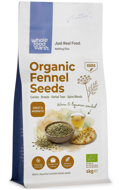 Organic fennel seeds from Whole Food Earth, showing small greenish-brown seeds used as herbs and spices in cooking.