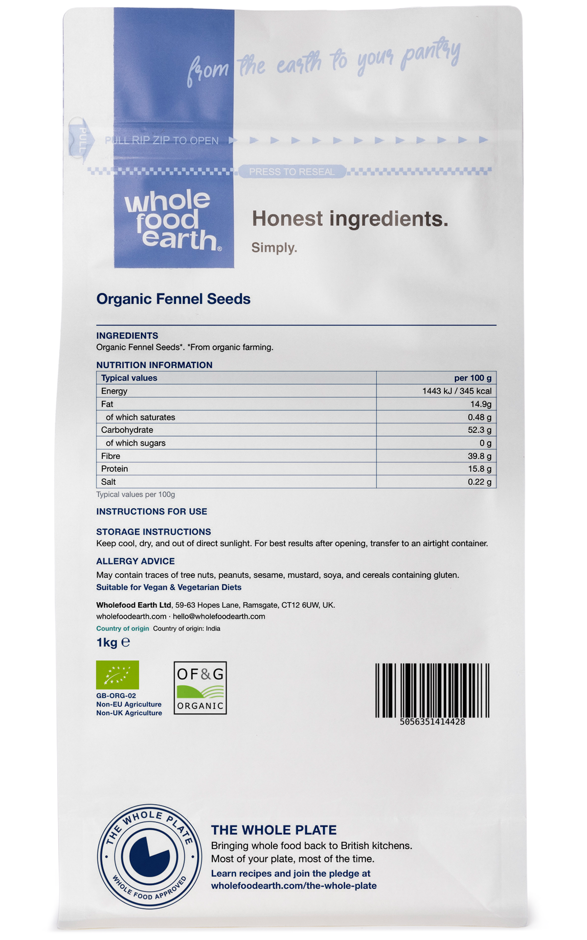 Organic fennel seeds from Whole Food Earth, close-up of aromatic, greenish-brown herb seeds used in cooking and herbal remedies.