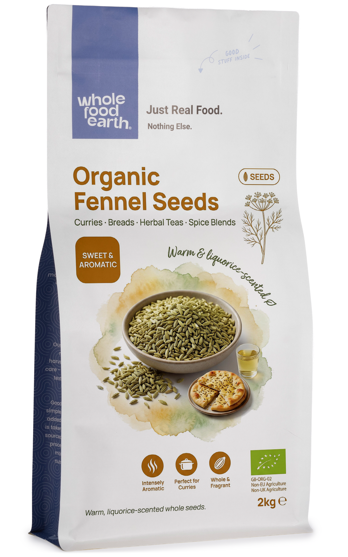 Whole Food Earth organic fennel seeds in a clear jar, showing small, greenish-brown seeds used as herbs and spices.