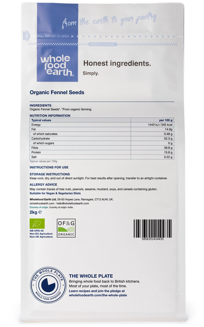 Back view of organic fennel seeds in a jar, showing the Whole Food Earth herbs and spices packaging.